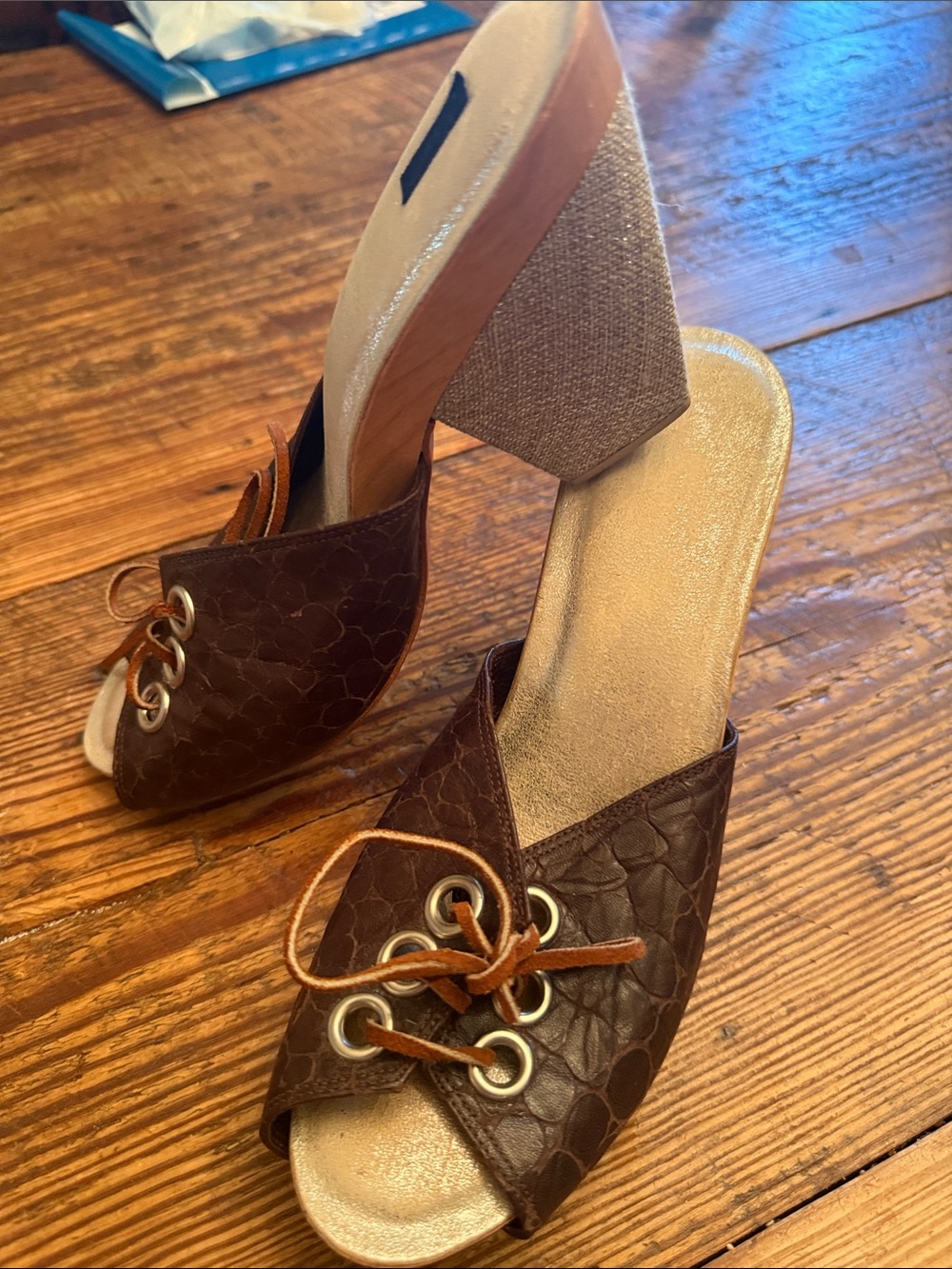 Brown Leather Peep-Toe Lace-Up Block Heel